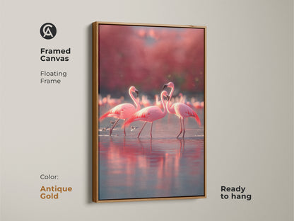 Framed canvas flamingo artwork in an antique gold floating frame ready to hang. The rose coral palette adds warmth to your space. A wildlife animal gift perfect for any occasion. This tropical bird wall decor enhances your office. Pink flamingo canvas art for coastal living room decor. An elegant bird artwork.