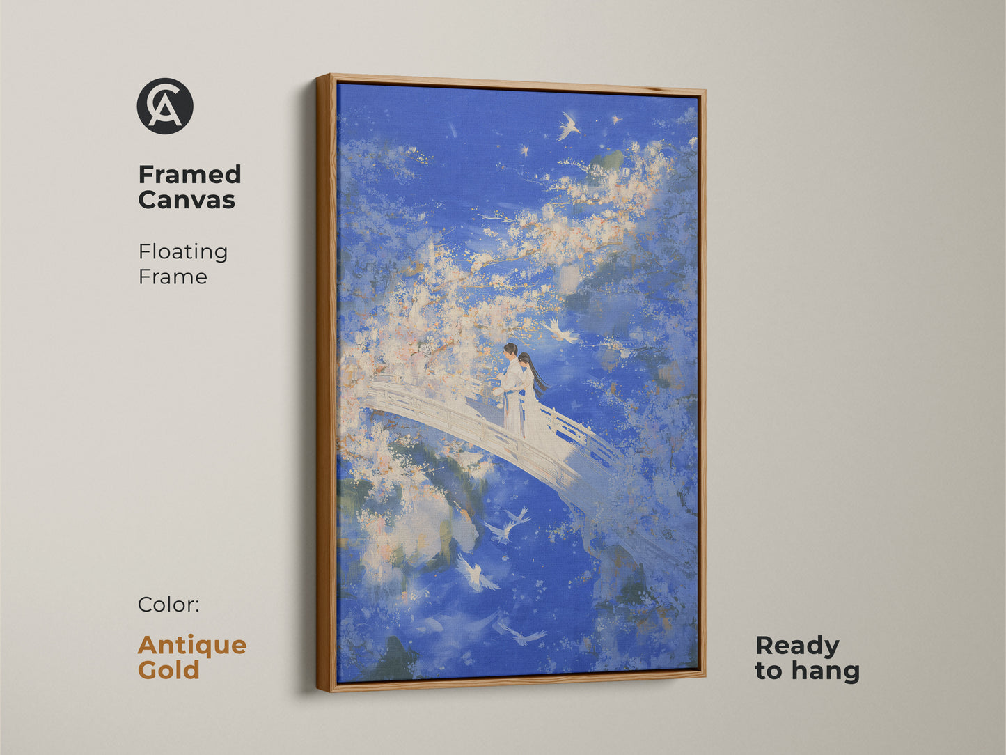 Framed canvas art showcasing a couple on a bridge. This Romantic anniversary gift has a dreamy blue sky. The antique gold floating frame is ready to hang.