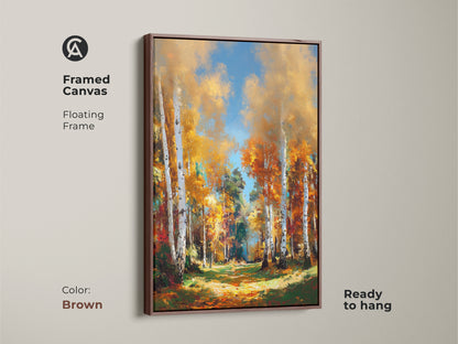 Framed canvas artwork with a brown floating frame. This ready-to-hang piece features an autumn forest. The birch tree painting brings nature indoors. Enhance your decor.
