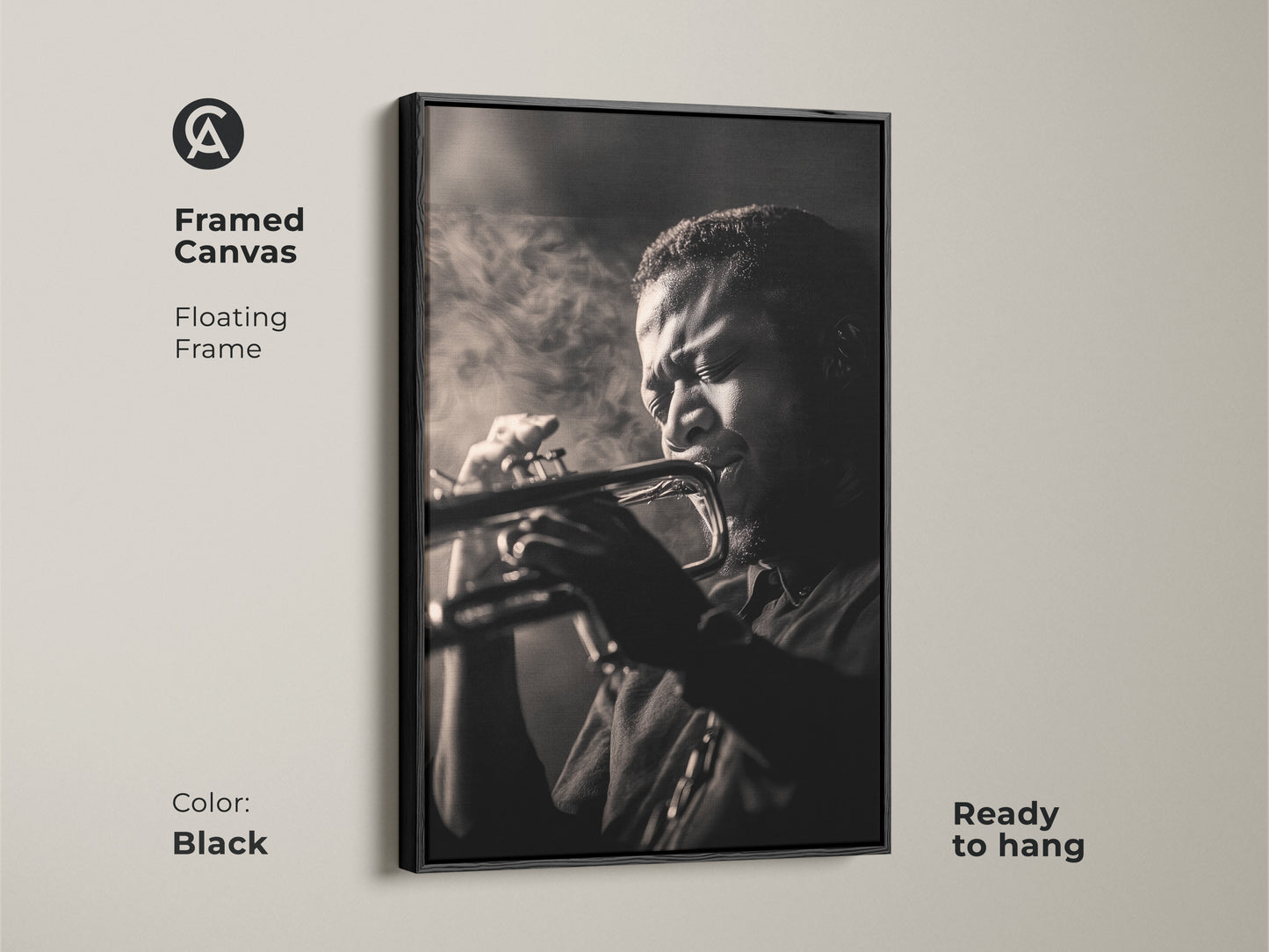 A framed canvas in black displays a captivating black and white photo. The musician is playing the trumpet. The floating frame enhances the artwork's elegance. Ready to hang this framed art in your space. Find your perfect piece!