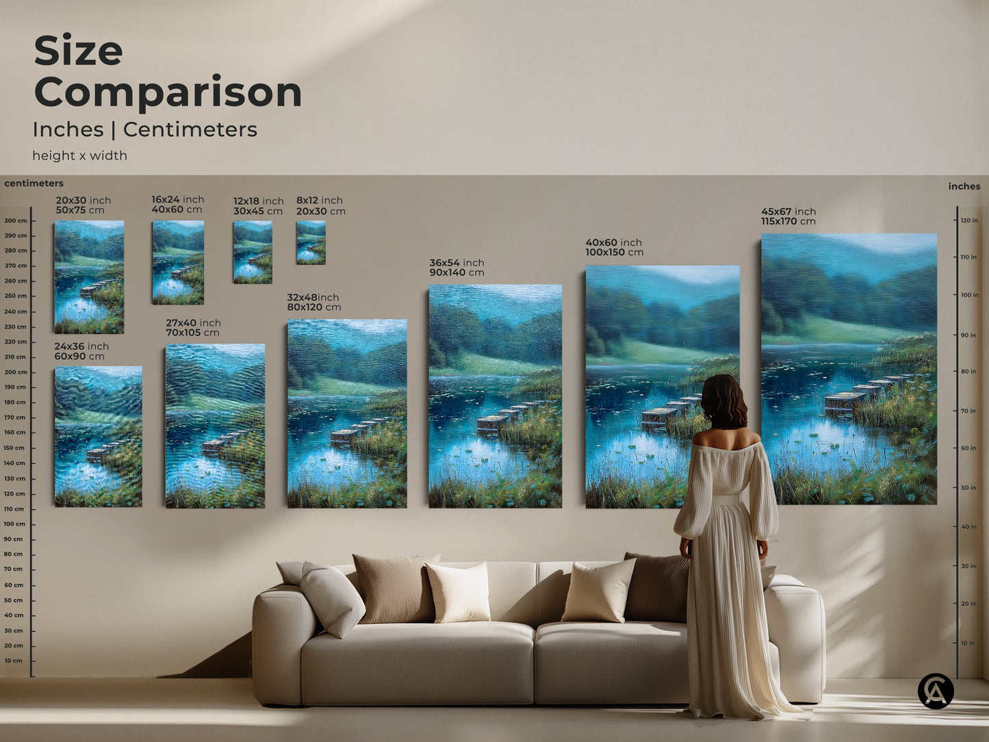 Size comparison of the teal blue green lake landscape artwork. Visualize different sizes in inches and centimeters. Perfect rustic dock canvas print for your home. Nature landscape artwork available in various dimensions. Find the ideal fit for your space.