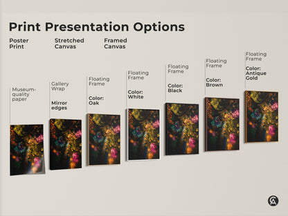Explore print presentation options for aerial garden artwork. Choose from poster prints stretched canvas and framed canvas. Select a floating frame in oak white black brown or antique gold. Transform your space with vibrant botanical art today.