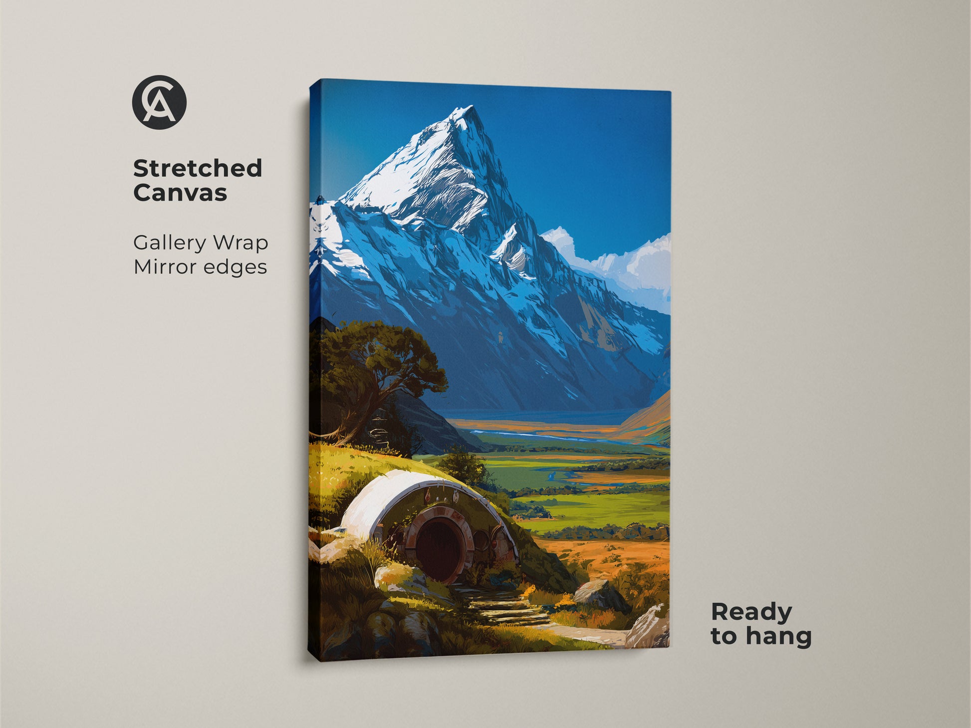 Stretched canvas of a fantasy hobbit hole art print. The snowy mountain landscape and nature art brings an otherworldly beauty to your living room. Ready to hang for easy wall decor.