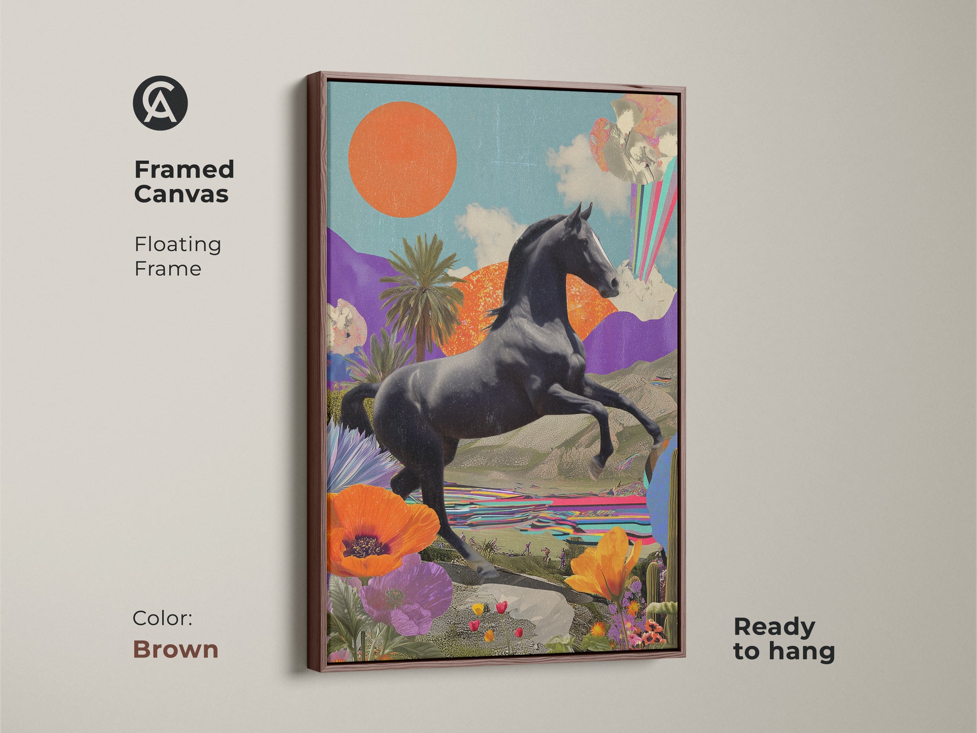 The surreal horse collage is a framed canvas with a floating brown frame. The retro futurism art print has an orange sun and teal purple landscape. It's perfect animal art for living room or office space.