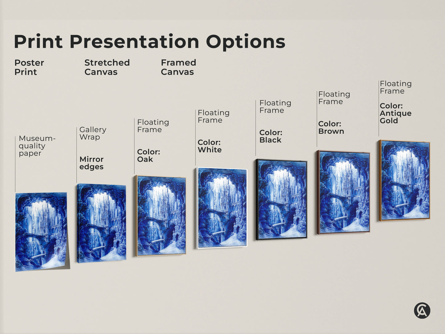 Print presentation options featuring a blue monochrome castle. Choose from poster prints stretched canvas or framed canvas. Each option offers a unique way to showcase this captivating artwork in your space.