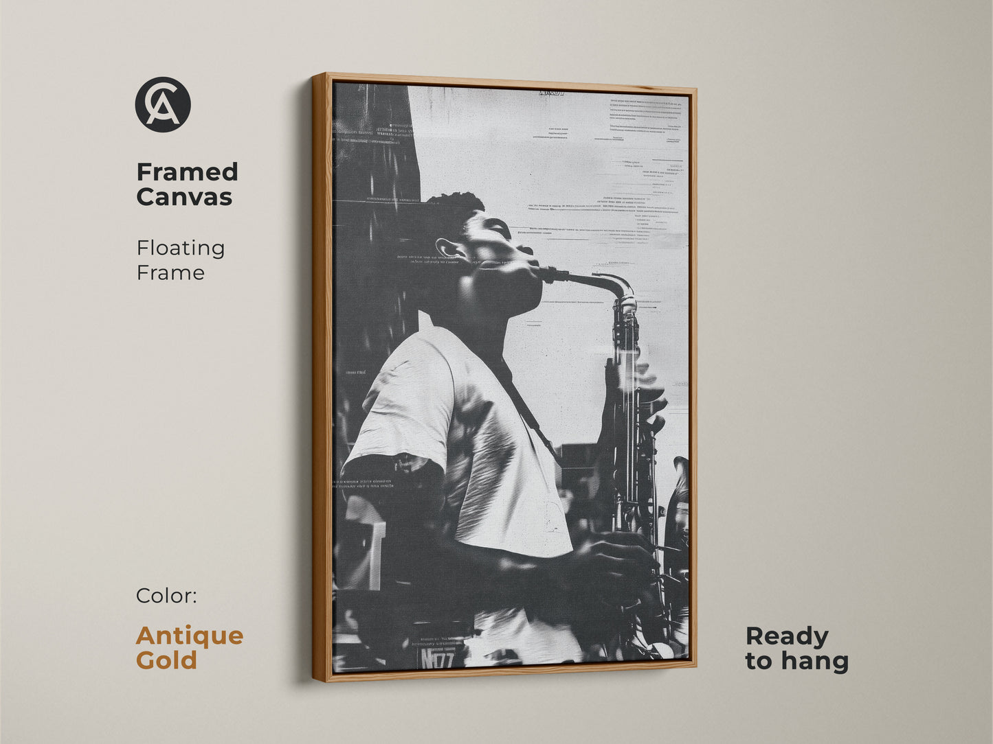 Framed canvas artwork featuring a musician playing saxophone. The antique gold floating frame adds a classic touch. This black and white musical art is ready to hang. Ideal for jazz enthusiasts and art collectors.