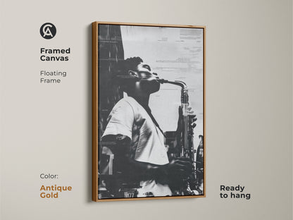 Framed canvas artwork featuring a musician playing saxophone. The antique gold floating frame adds a classic touch. This black and white musical art is ready to hang. Ideal for jazz enthusiasts and art collectors.