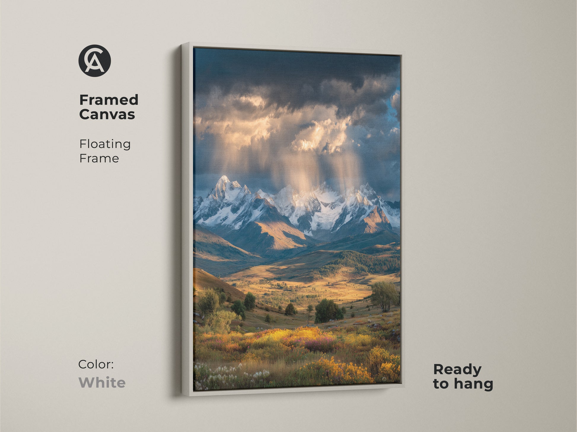 A framed canvas print features a snowy mountain view. A white floating frame offers a clean modern look. Ready to hang this artwork enhances any space. It's a perfect gift for hikers and campers seeking scenic beauty.