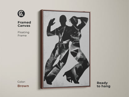 Print presentation options for monochrome dancers wall art. Choose from poster print stretched canvas or framed canvas. Various floating frame colors available oak white black brown and antique gold.