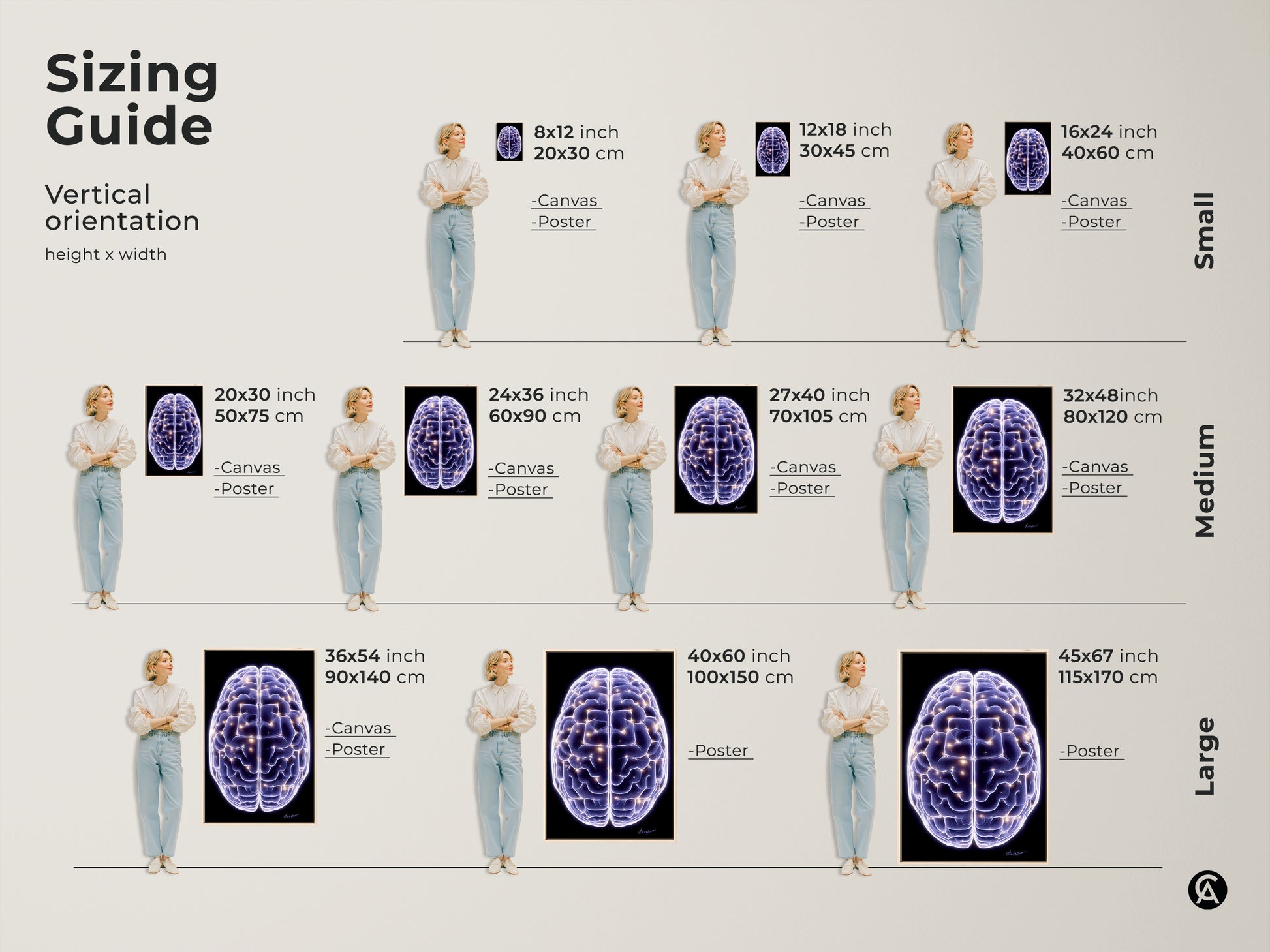 Sizing guide showing Science Brain art print in various sizes. The abstract neuron canvas wall art has purple and blue colors. This digital artwork is ideal for office decor or a graduation gift.