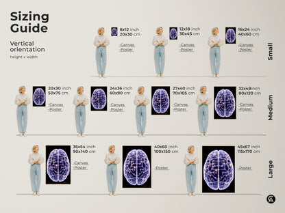 Sizing guide showing Science Brain art print in various sizes. The abstract neuron canvas wall art has purple and blue colors. This digital artwork is ideal for office decor or a graduation gift.