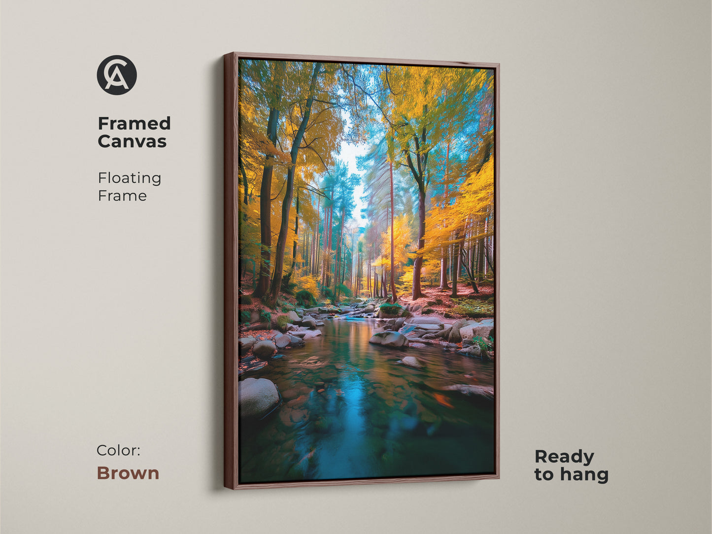 Transform your home with this framed canvas art. The warm brown floating frame enhances the forest stream artwork. This ready to hang piece adds a natural touch to any room. The flowing stream and golden trees create a peaceful ambiance.