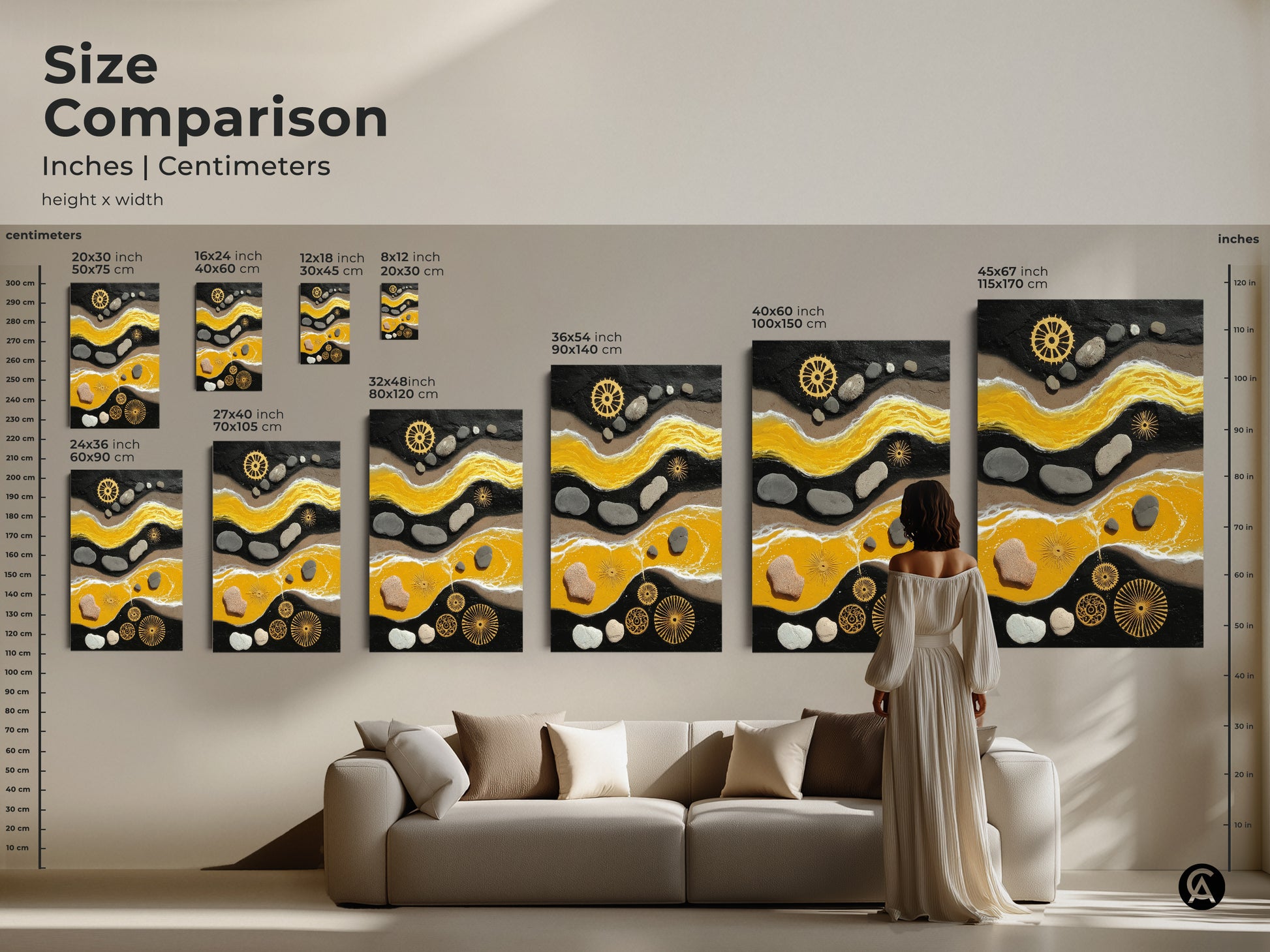 Size comparison of yellow and black abstract artwork. Canvas and poster prints in multiple sizes. See how the pebble and gear art fits above a sofa. This showcases its versatile home decor.
