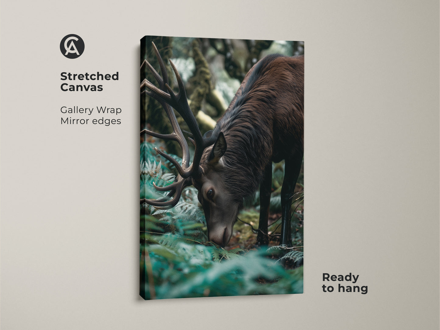 Close-up of the elk canvas print. A rustic wildlife art piece featuring a photorealistic deer. Ideal forest green decor for adding a touch of nature to any room. This stretched canvas is ready to hang.