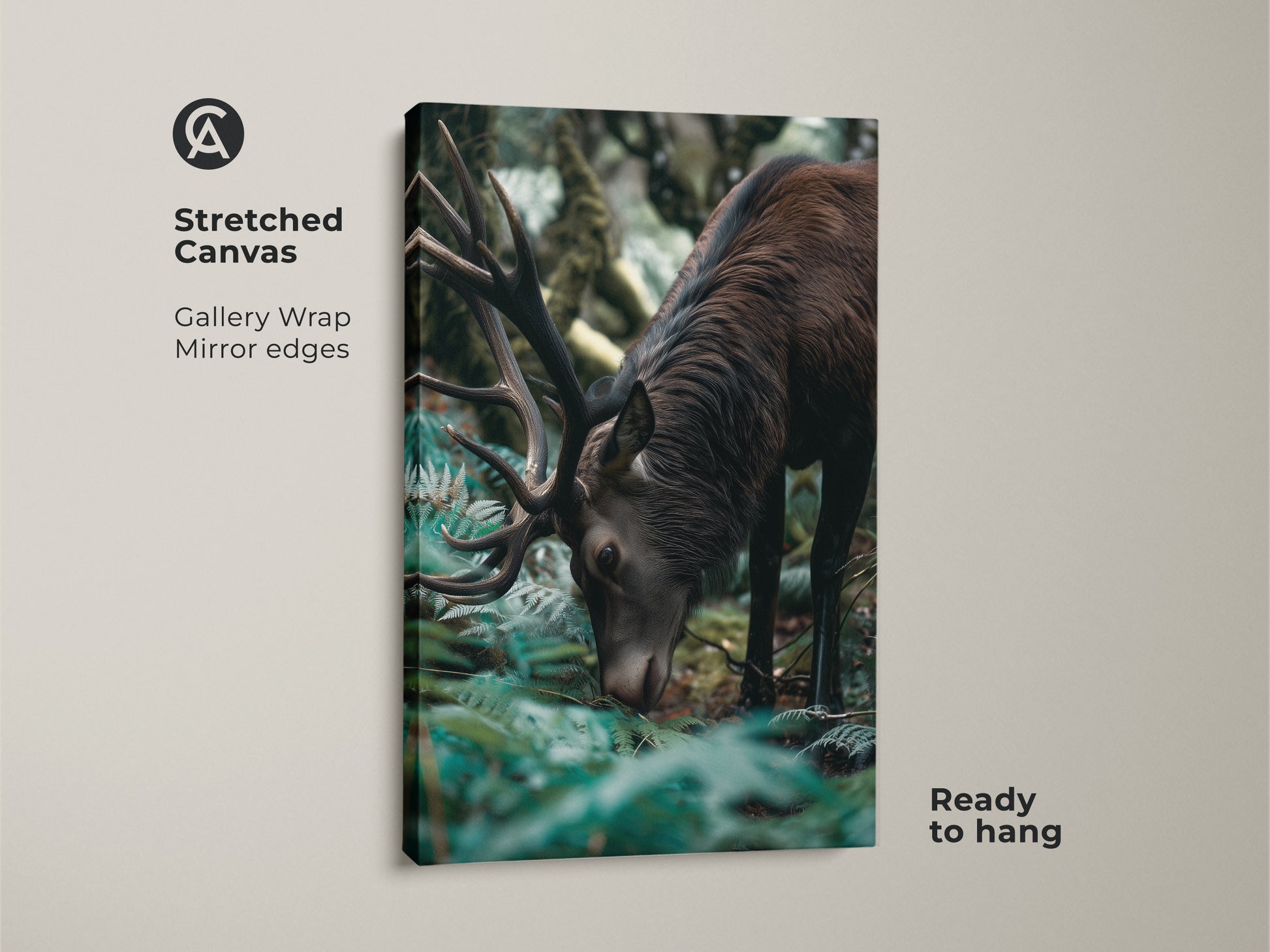 Close-up of the elk canvas print. A rustic wildlife art piece featuring a photorealistic deer. Ideal forest green decor for adding a touch of nature to any room. This stretched canvas is ready to hang.