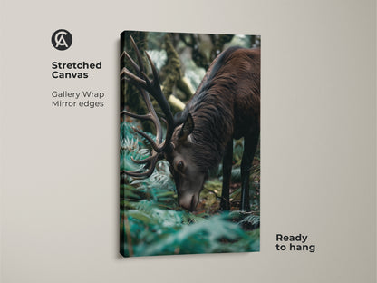 Close-up of the elk canvas print. A rustic wildlife art piece featuring a photorealistic deer. Ideal forest green decor for adding a touch of nature to any room. This stretched canvas is ready to hang.