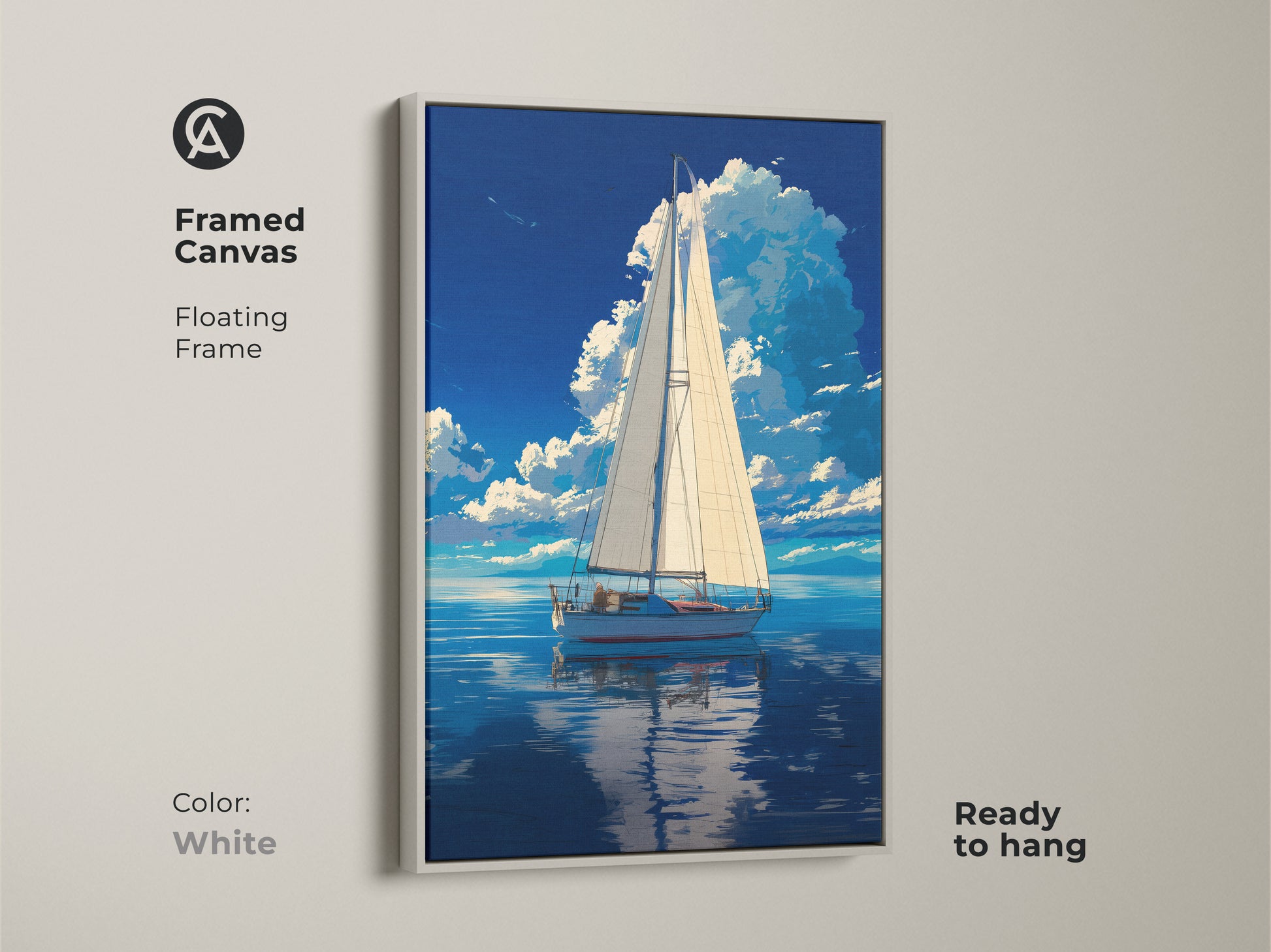 Framed canvas of sailboat artwork with a white floating frame. Nautical landscape art showcasing a deep blue sky and calm waters. This coastal ocean artwork is ready to hang. It brings a fresh and serene touch to any room.