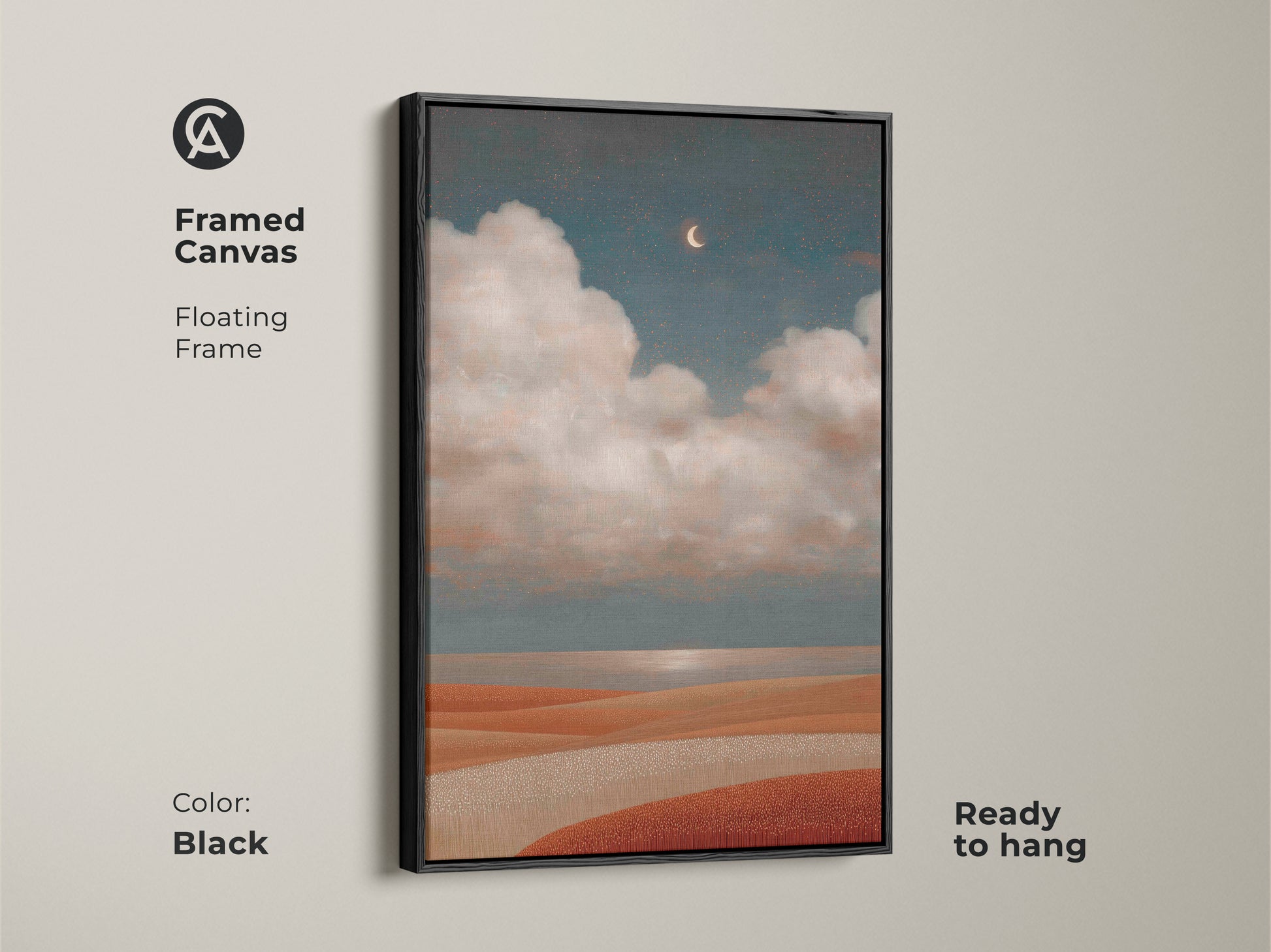 Dreamy night sky art with a crescent moon and clouds in a terracotta teal palette. This boho celestial artwork enhances bedroom walls. It is a unique landscape wall hanging.