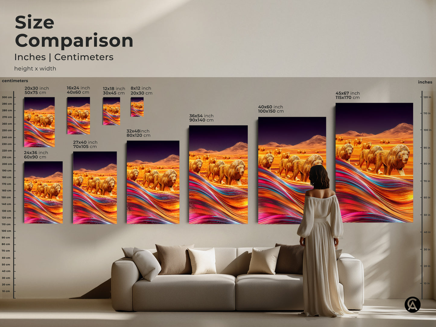 Size comparison showing the golden lion artwork canvas print in various sizes on a wall over a couch. Sizes range from small 8x12 inches to extra-large 45x67 inches. Visualize the perfect fit for your space with this contemporary animal artwork.