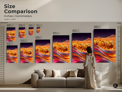 Size comparison showing the golden lion artwork canvas print in various sizes on a wall over a couch. Sizes range from small 8x12 inches to extra-large 45x67 inches. Visualize the perfect fit for your space with this contemporary animal artwork.