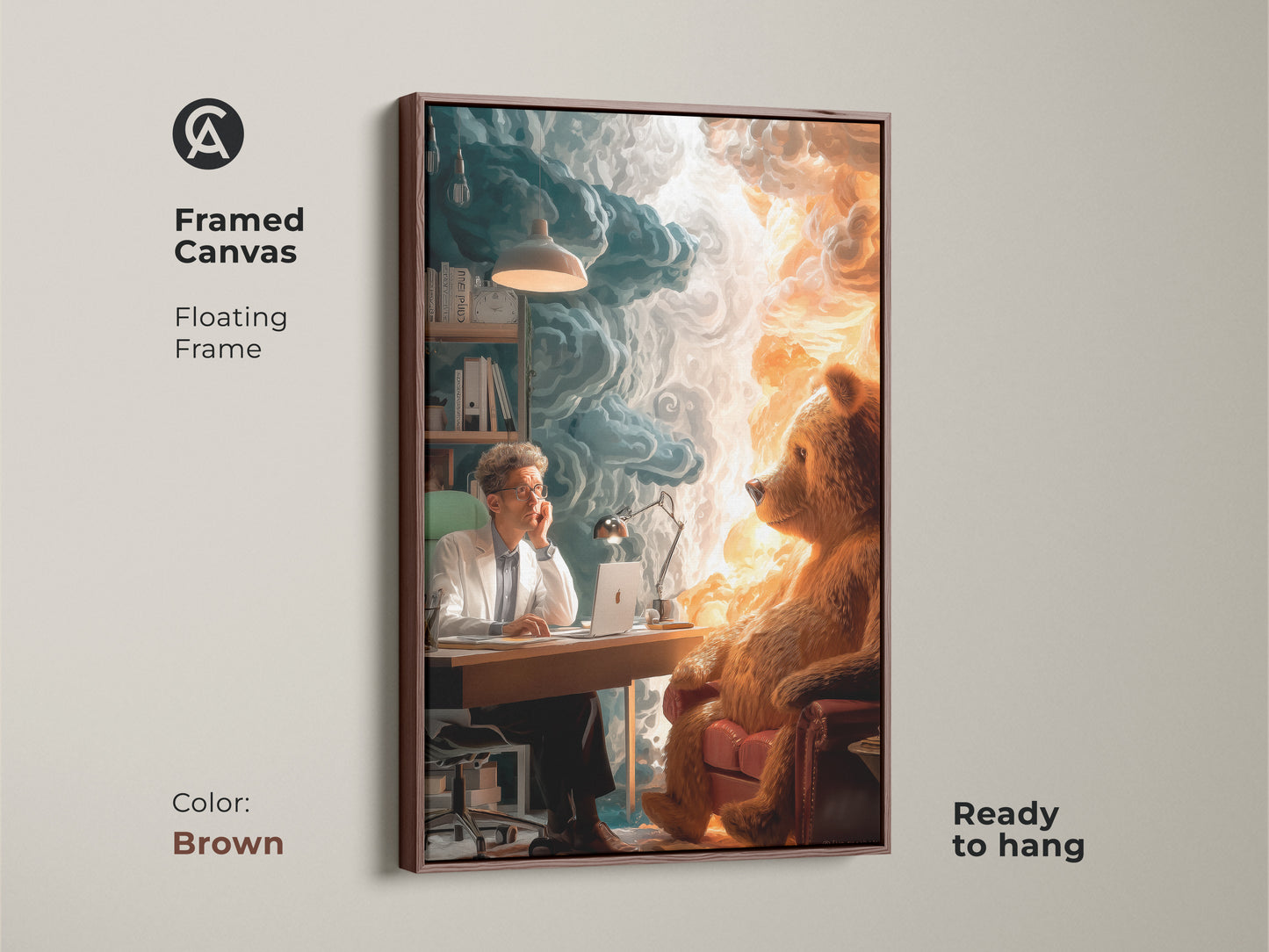 Framed canvas art print featuring a surreal scene with a bear and man in an office. The floating frame is brown. This eclectic home decor has a thought-provoking art piece. Perfect wall art for a study room. Ready to hang canvas.