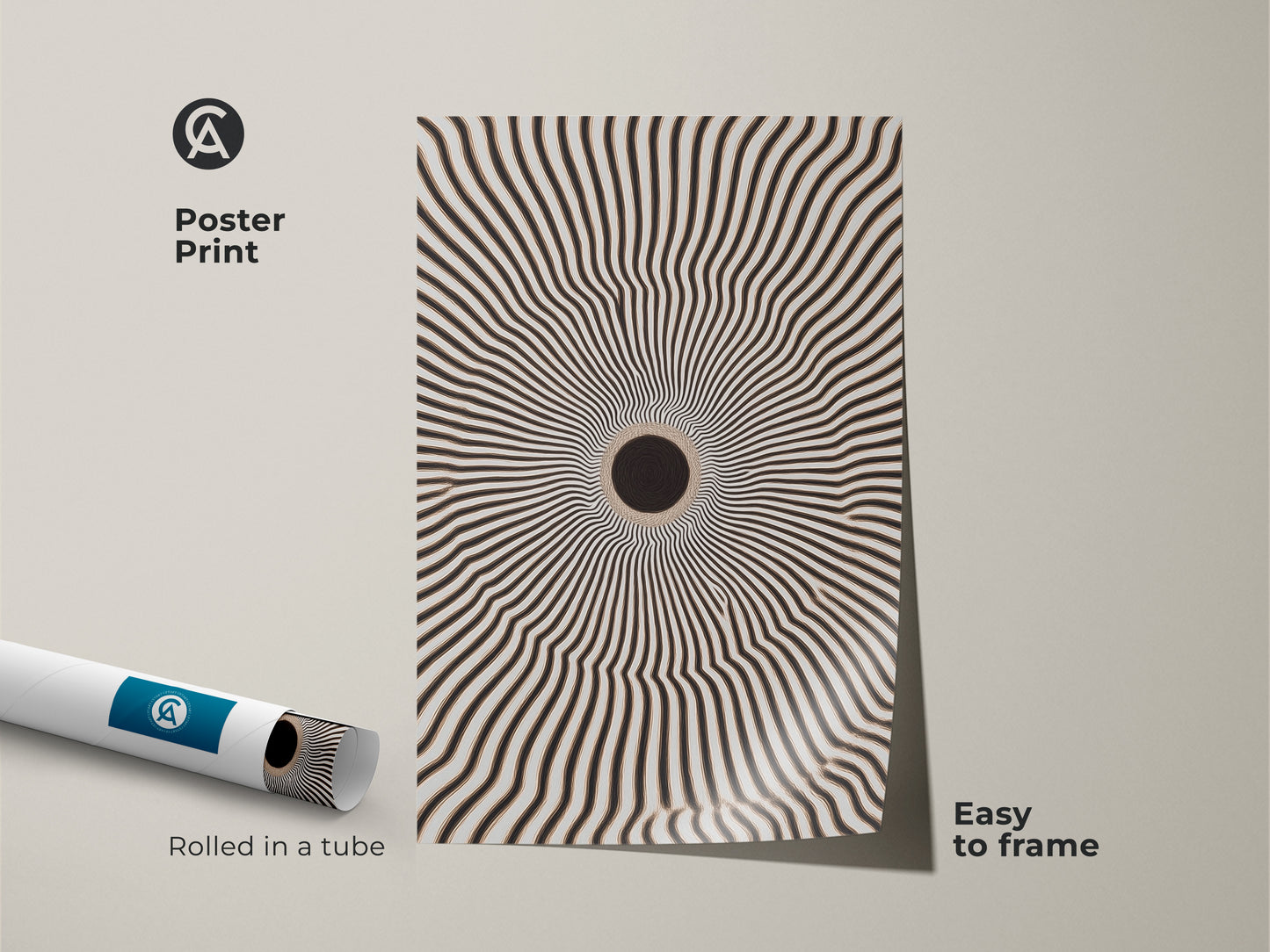 Museum-quality abstract geometric poster print. Black and white radial burst creates an optical illusion. The art is easy to frame. Add a modern touch to your minimalist home decor with this striking piece.