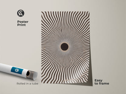 Museum-quality abstract geometric poster print. Black and white radial burst creates an optical illusion. The art is easy to frame. Add a modern touch to your minimalist home decor with this striking piece.