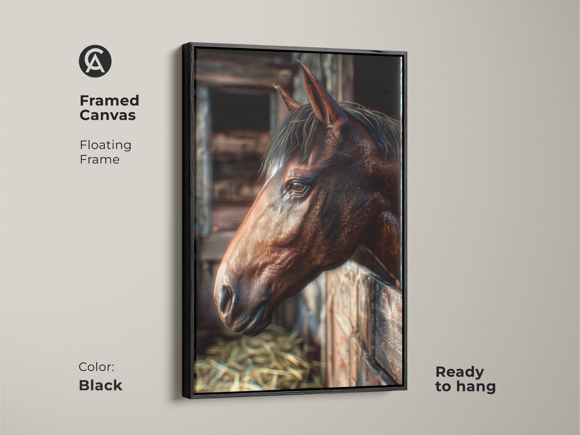 Framed canvas art showcasing a horse in a rustic barn setting. The floating frame is black adding a modern touch. This ready-to-hang horse art is ideal for adding character to any room.