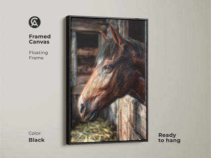 Framed canvas art showcasing a horse in a rustic barn setting. The floating frame is black adding a modern touch. This ready-to-hang horse art is ideal for adding character to any room.