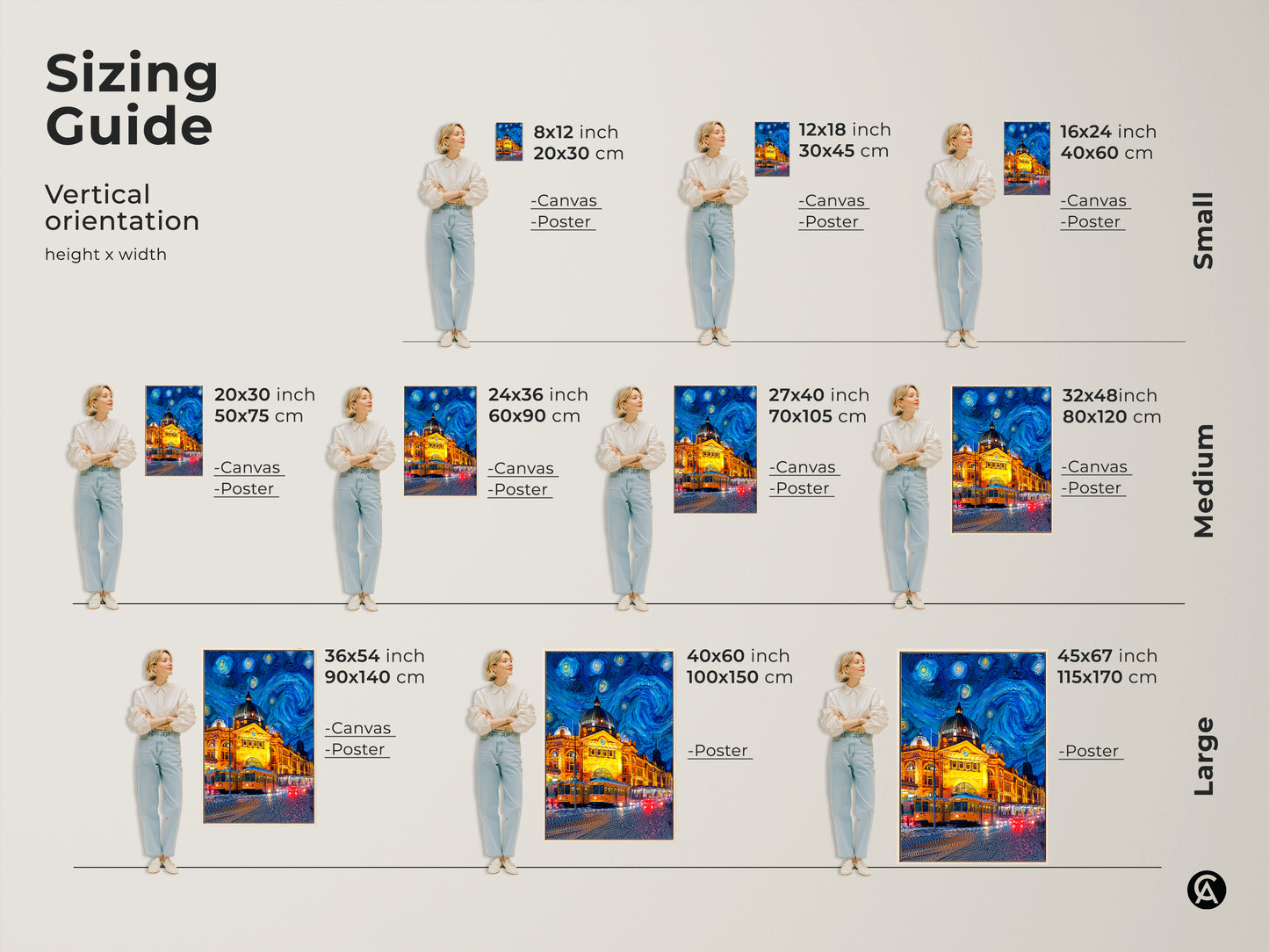 Vertical orientation sizing guide for Flinders Street Station artwork. Available in canvas and poster prints. Sizes range from small to large. Find the perfect size for your space. Great for home or office decor.