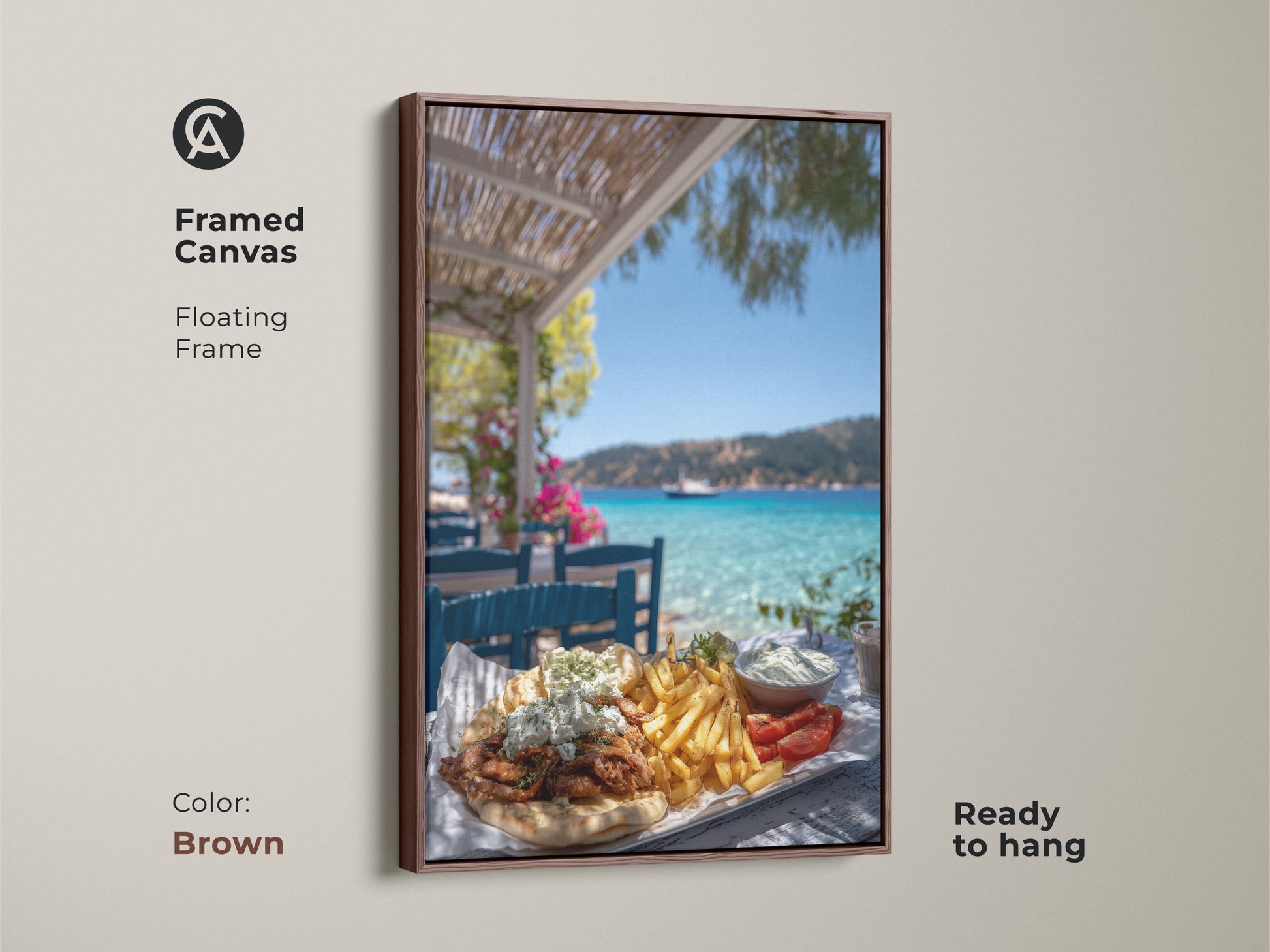 Framed canvas artwork featuring a greek gyros platter. The floating frame is brown and ready to hang. The coastal art print is perfect for summer vacation decor. Enjoy the travel inspired food artwork in your kitchen. It's a great foodie gift for him or her.