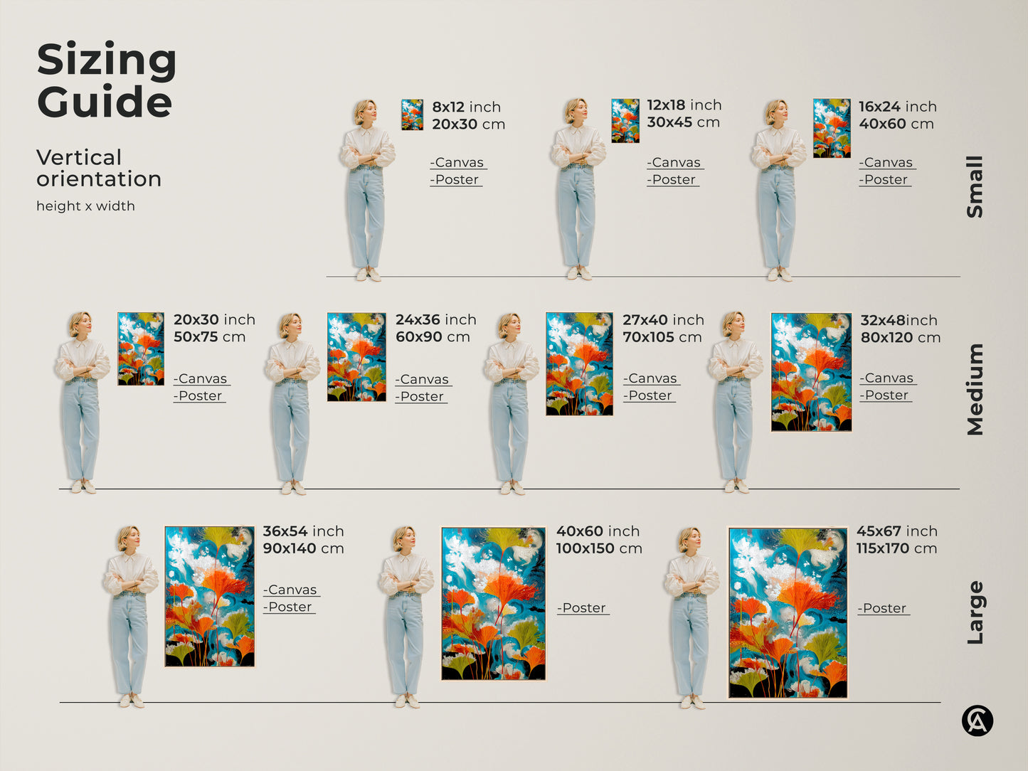 Sizing guide for vertical abstract ginkgo leaf botanical canvas and poster prints. Small medium and large sizes are available. Teal orange swirling sky artwork brings modern nature to any room. Eclectic wall decor offers vibrant options for plant lovers home or office.