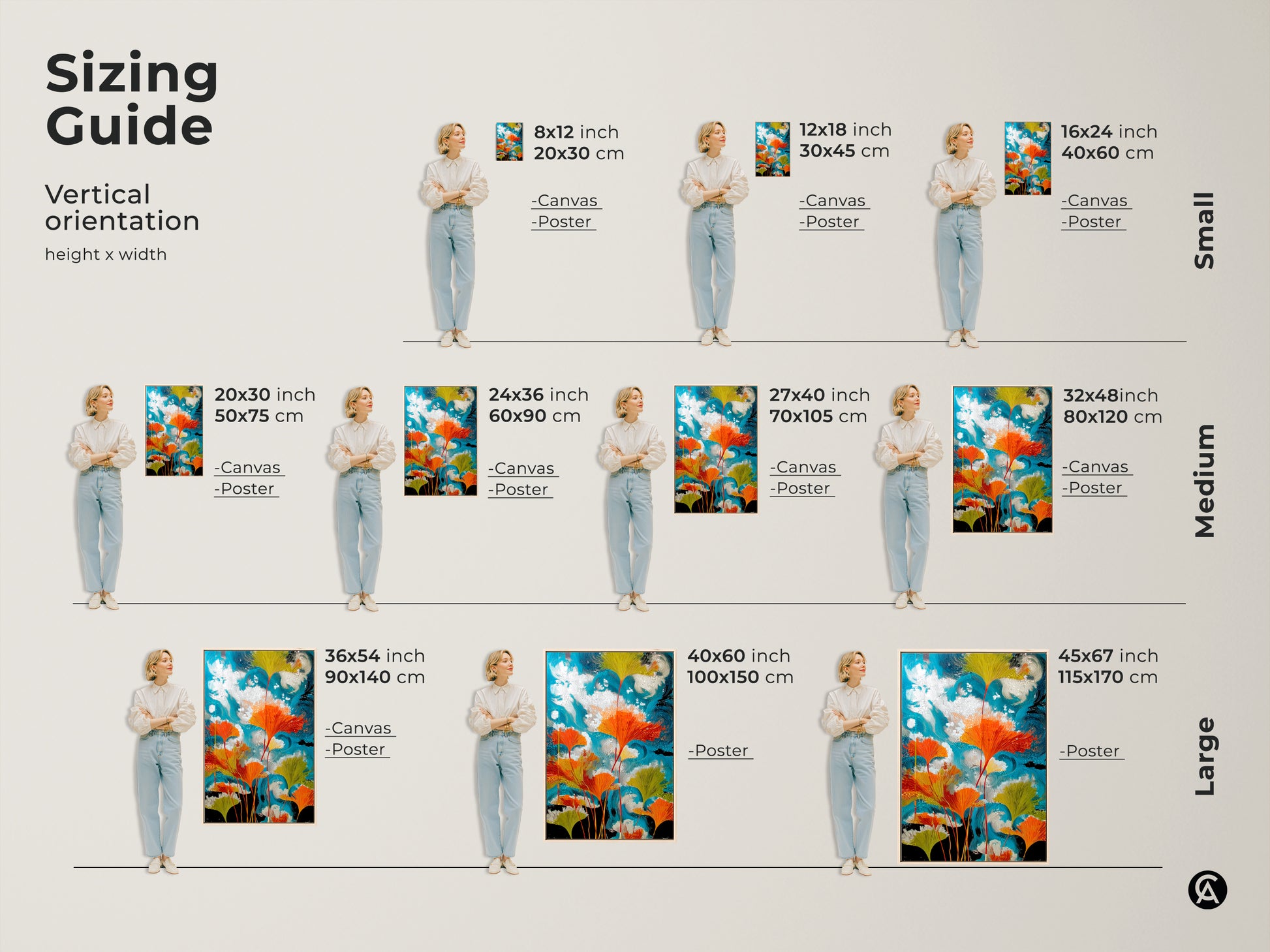 Sizing guide for vertical abstract ginkgo leaf botanical canvas and poster prints. Small medium and large sizes are available. Teal orange swirling sky artwork brings modern nature to any room. Eclectic wall decor offers vibrant options for plant lovers home or office.