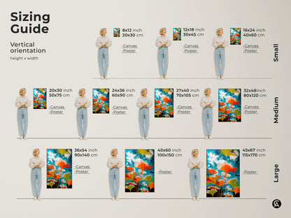 Sizing guide for vertical abstract ginkgo leaf botanical canvas and poster prints. Small medium and large sizes are available. Teal orange swirling sky artwork brings modern nature to any room. Eclectic wall decor offers vibrant options for plant lovers home or office.