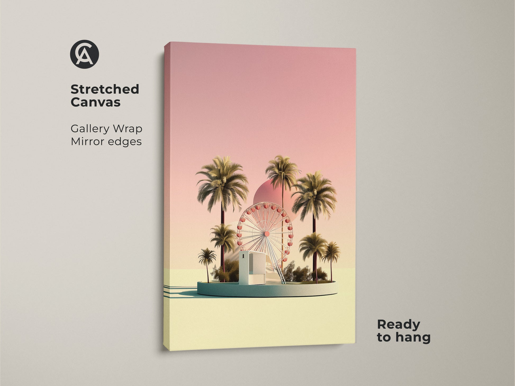 Stretched canvas print featuring a pastel yellow Ferris wheel and palm trees. The gallery wrap and mirrored edges enhance the retro futurism artwork. Ready to hang this boho palm tree canvas adds a joyful vacation vibe to any room. A unique travel lover gift idea with a dreamy pastel aesthetic.