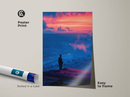 A poster print showcases a historical soldier canvas print. The cinematic sunset landscape art is easy to frame. Rolled in a tube this fantasy landscape art print is perfect for adding a touch of traditional Japanese art to any room.