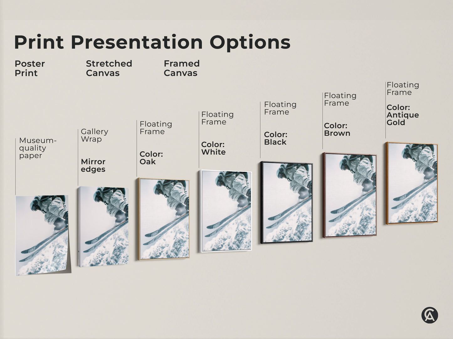 Explore print options for your skiing artwork. Choose from poster prints stretched canvas and framed canvas. Select floating frames in various colors. Options include white black brown and antique gold.