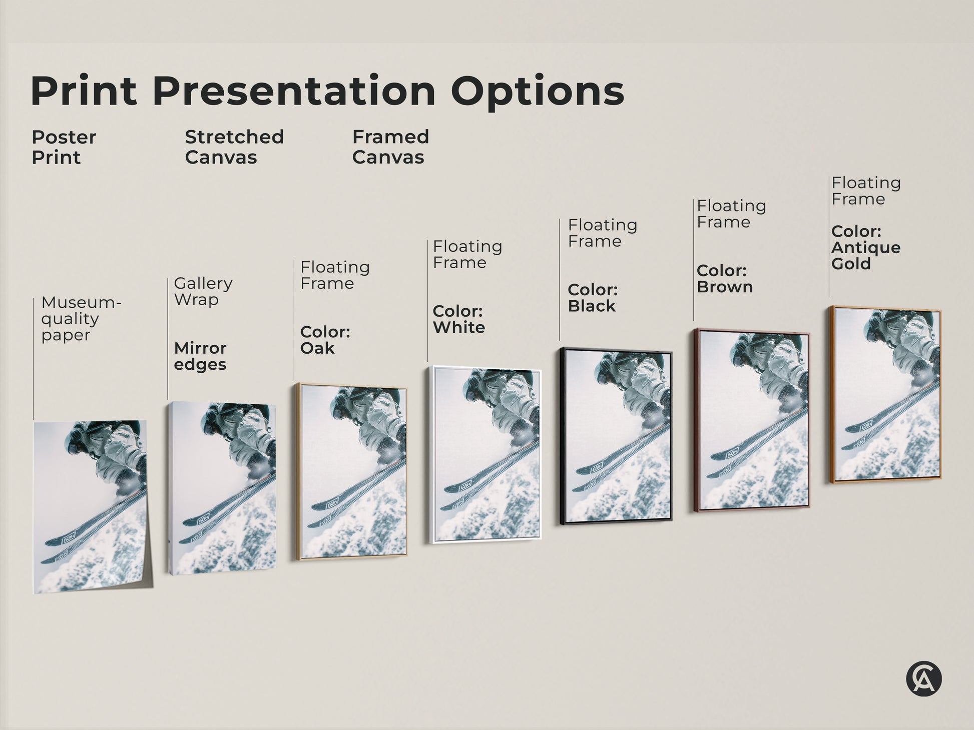 Explore print options for your skiing artwork. Choose from poster prints stretched canvas and framed canvas. Select floating frames in various colors. Options include white black brown and antique gold.