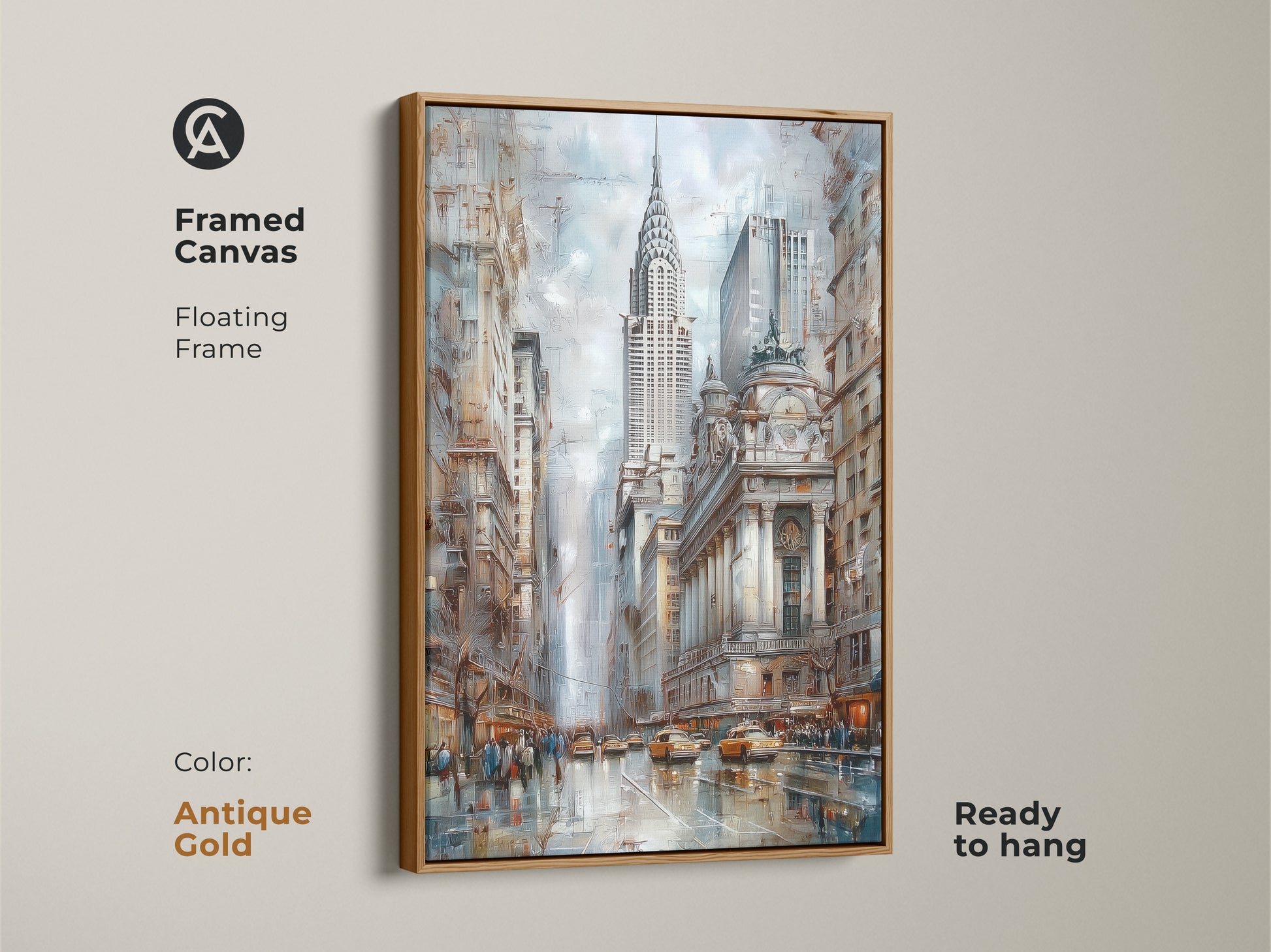 Framed canvas art of the Chrysler Building and the New York skyline. This contemporary artwork is set in an antique gold floating frame. The blue brown and gray cityscape art brings sophisticated art to any space. The art piece is ready to hang.