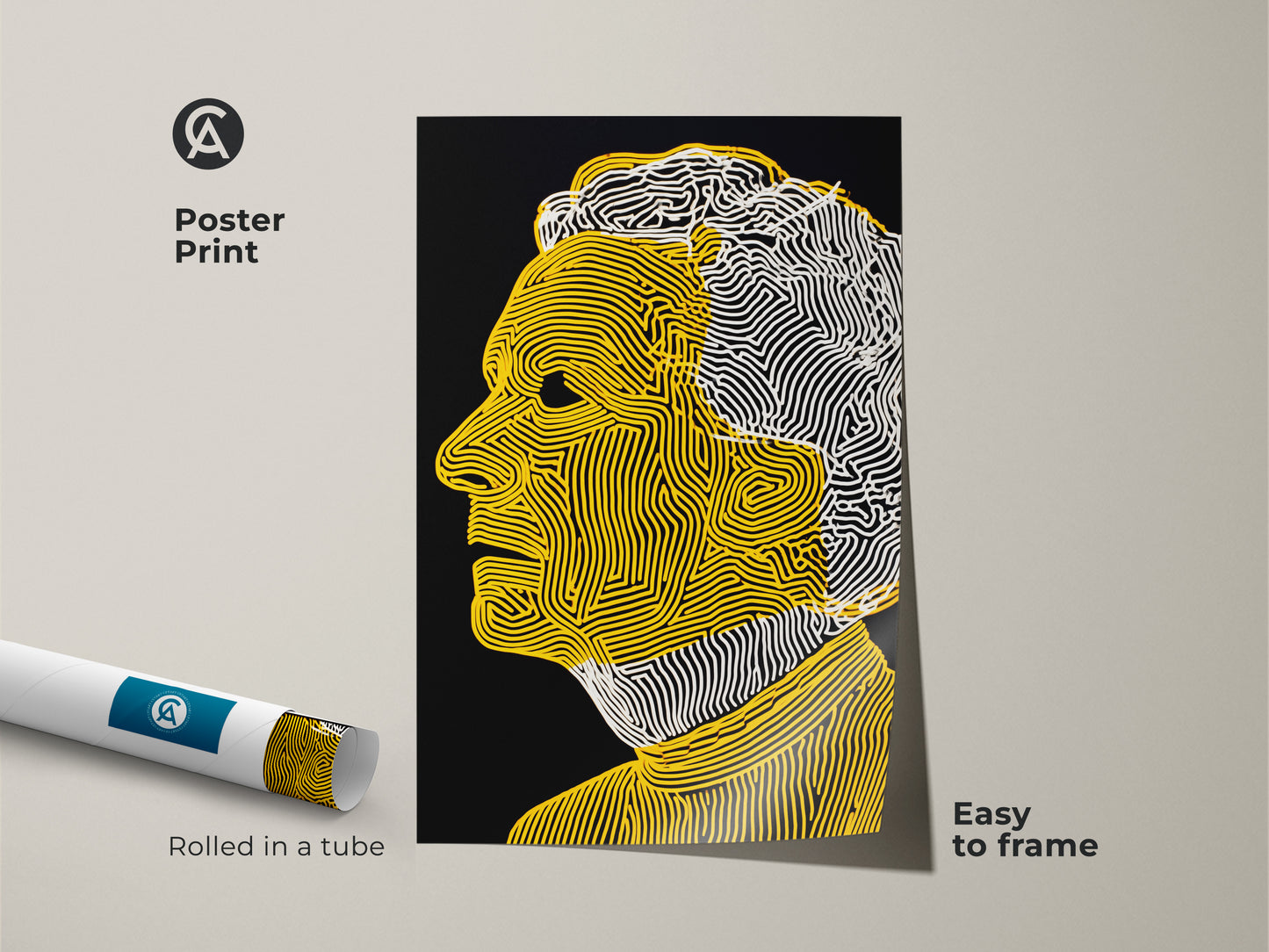 Poster print featuring a line art portrait of a man. The artwork uses yellow and white lines against a black background. This modern art poster is easy to frame. It ships rolled in a tube for protection.