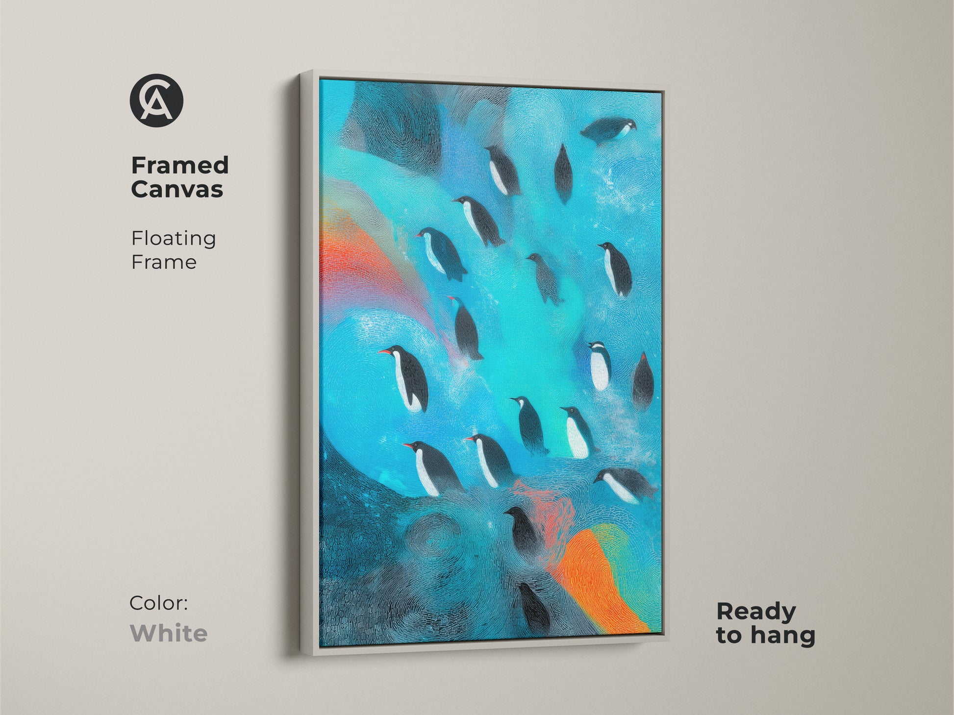 Framed canvas showcasing abstract penguin artwork. The floating frame is white. The contemporary teal and orange artwork enhances any room. This animal themed piece is ready to hang. Ideal for eclectic decor.