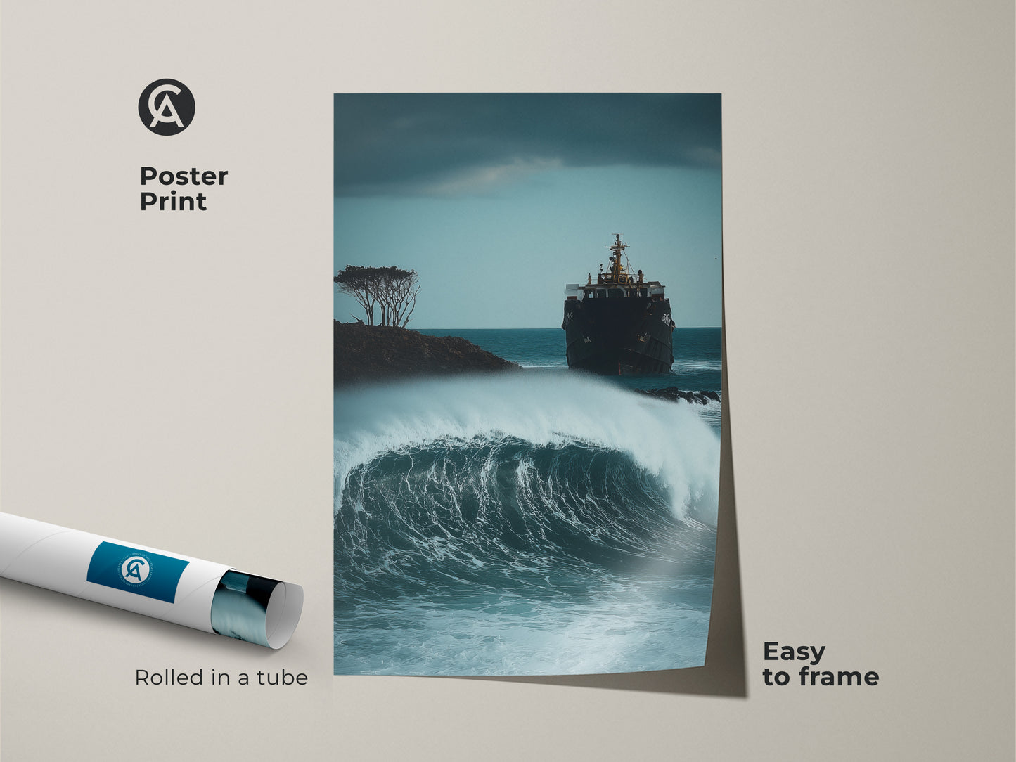 A poster print features dramatic ocean scene artwork. The maritime shipwreck art captures a stormy sea. Deep blue and gray hues highlight the coastal theme. It arrives rolled in a tube ready to frame.