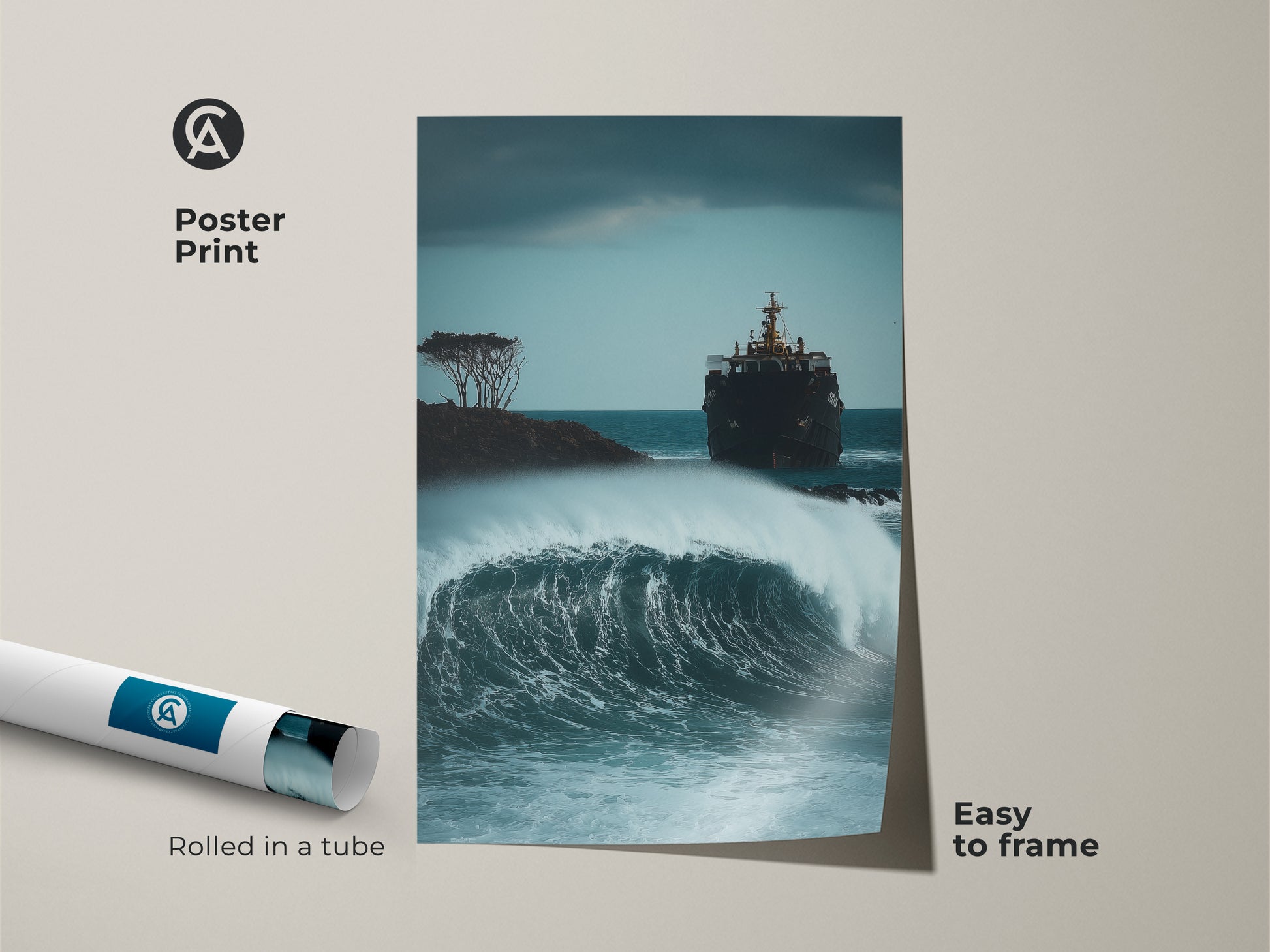 A poster print features dramatic ocean scene artwork. The maritime shipwreck art captures a stormy sea. Deep blue and gray hues highlight the coastal theme. It arrives rolled in a tube ready to frame.