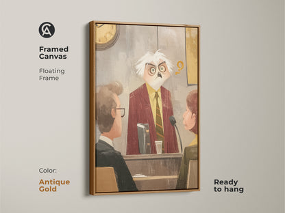 Framed canvas with an antique gold floating frame of an owl judge. This is unique legal art. It's a funny gift for lawyers. This courtroom scene adds an eclectic touch. Ready to hang the artwork enhances any office decor.