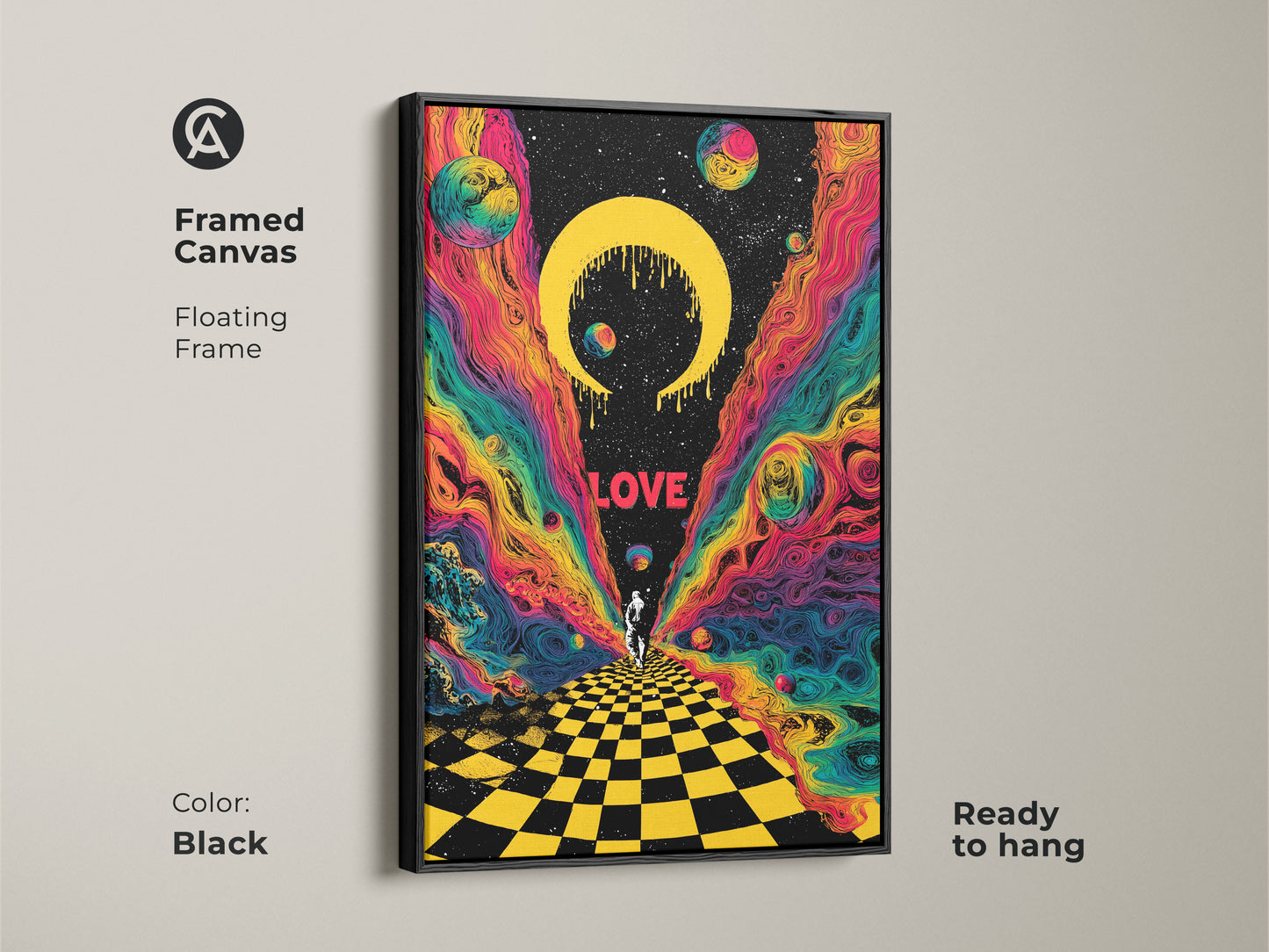 Framed in black this canvas displays psychedelic astronaut artwork. The retro sci fi print has surreal space planets and a celestial crescent. The cosmic wall art is ready to hang. The floating frame enhances the colorful cosmic wall art.