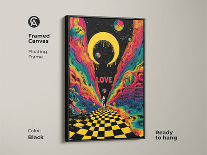Framed in black this canvas displays psychedelic astronaut artwork. The retro sci fi print has surreal space planets and a celestial crescent. The cosmic wall art is ready to hang. The floating frame enhances the colorful cosmic wall art.