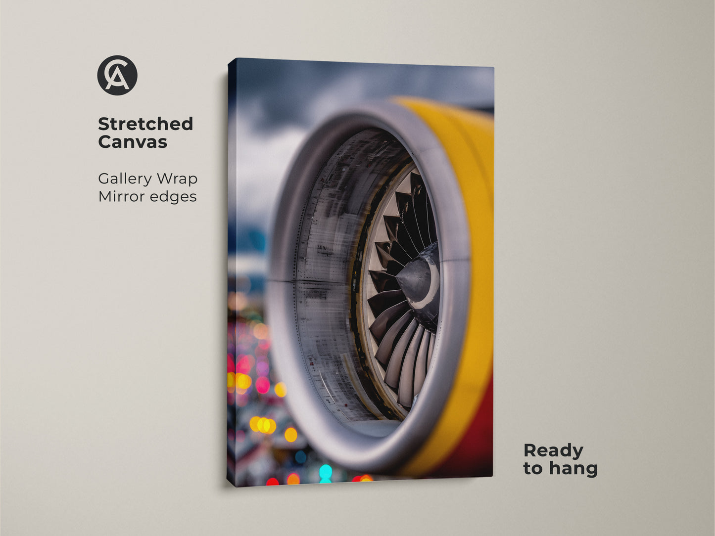 Stretched canvas art shows an industrial jet engine. This aviation technology canvas features gallery wrap mirror edges. The silver yellow and red abstract turbine print is ready to hang. Perfect mechanical engineering art for a man cave.