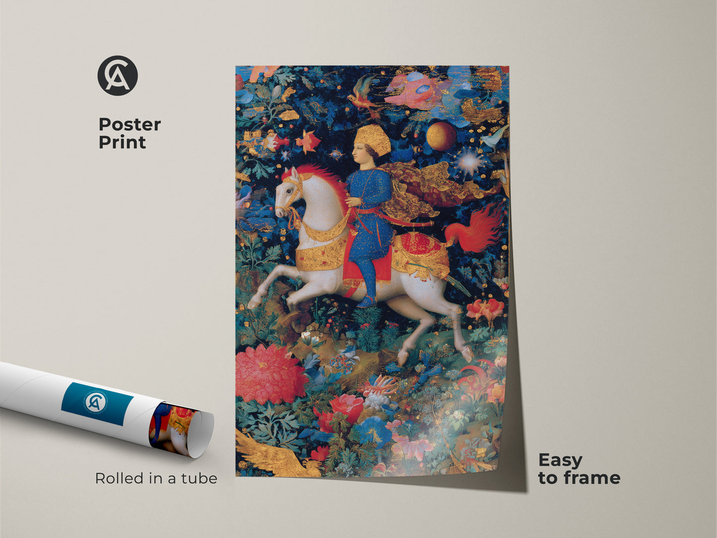 Poster print of a renaissance knight on horseback. Rolled in a tube and easy to frame. Mythology art in deep blue red and gold. A unique gift for fantasy lovers. This eclectic home decor print adds historical grandeur and imaginative storytelling.