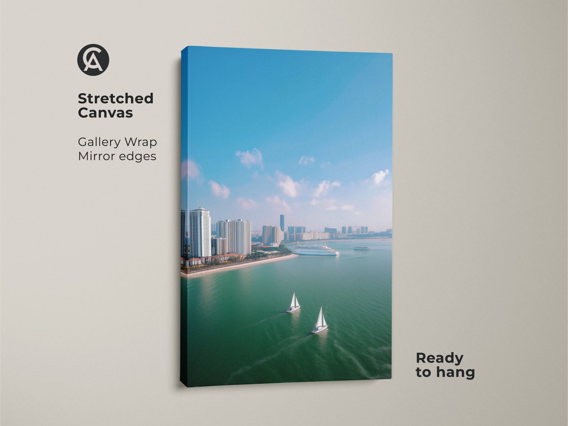Stretched canvas print featuring an aerial cityscape with sailboats. The ocean view artwork is ready to hang showcasing a modern travel art theme. This coastal decor canvas adds a touch of contemporary style. The teal blue wall art features a city skyline print suitable for a bedroom. Enjoy nautical home decor.