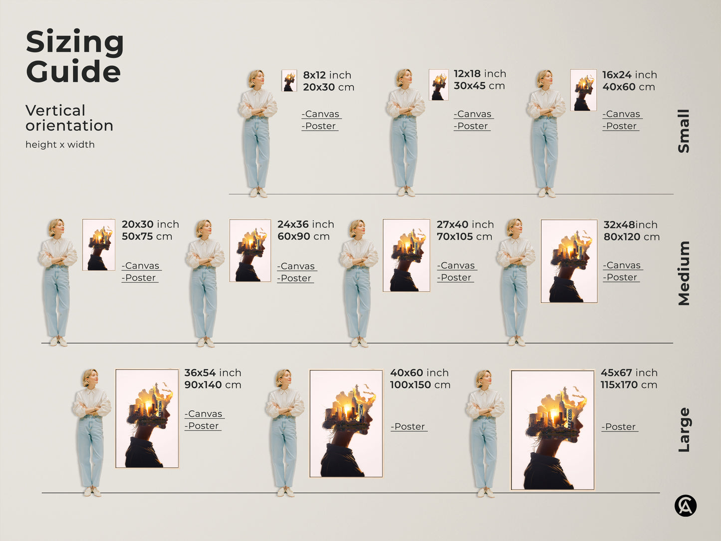 Sizing guide vertical orientation woman profile cityscape art. Abstract surreal wall art. Conceptual urban landscape canvas in orange yellow gold sunset. Contemporary art for modern bedroom wall decor or contemporary office art. Find the perfect size for your space.